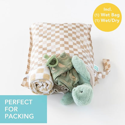 Bumkins - Waterproof Wet and Wetdry Bags - For Beach, Baby, Travel, Swim Suit, Cloth Diapers, Pump Parts, Pool, Gym, Toiletries - Reusable & Easy to Clean - Beige Check - 2 Pack