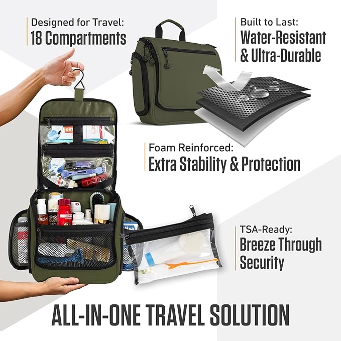VENTURE 4TH Hanging Travel Toiletry Bag for Women & Men – Large Toiletry Organizer with 18 Compartments, Removable TSA Pouch, Travel Wash Bag for Toiletries, Makeup & Shaving Kit (Forest Green)