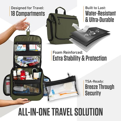 VENTURE 4TH Hanging Travel Toiletry Bag for Women & Men – Large Toiletry Organizer with 18 Compartments, Removable TSA Pouch, Travel Wash Bag for Toiletries, Makeup & Shaving Kit (Forest Green)