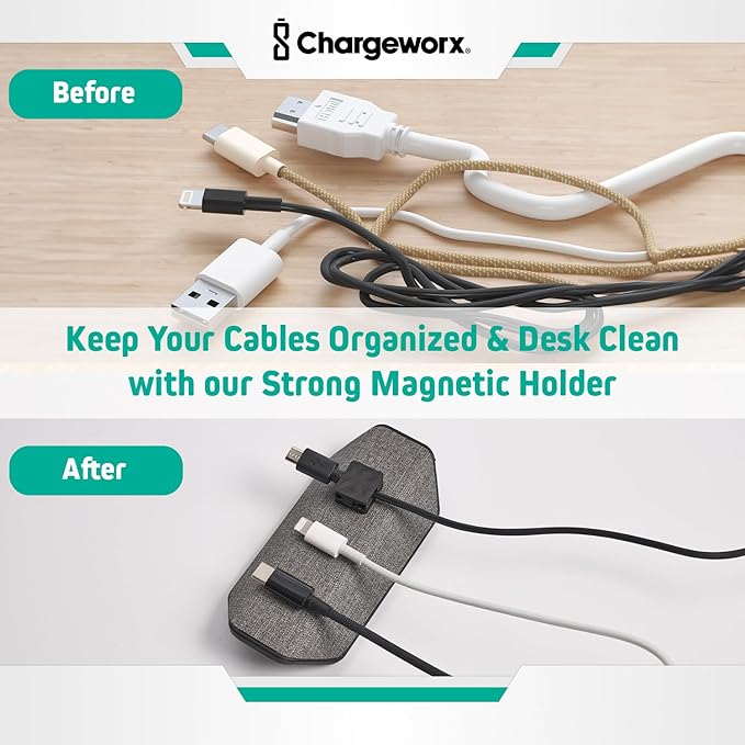 CHARGEWORX Magnetic Cable Organizer – 2 Pack - Weighted Non-Adhesive Cord Holder with 3 Magnetic Clips for USB-C, Lightning & MagSafe Cables – Desk, Office & Nightstand Cable Management
