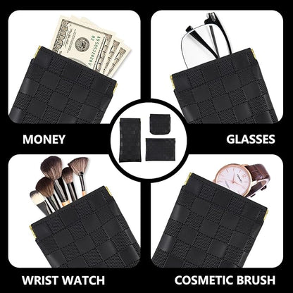 3PCS Small Makeup Bag for Women, Mini Cosmetic Bags Leather Pocket Pouch Purse,Snap Closure Waterproof Portable Bag,Checkered Storage Travel Bag for Lipstick Change Glasses Coin Cards (Black)