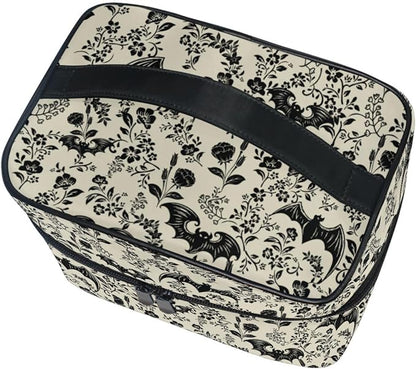 Makeup Train Case Bat Retro Flower Korean Carrying Portable Zip Travel Cosmetic Brush Bag Organizer Large for Girls Women