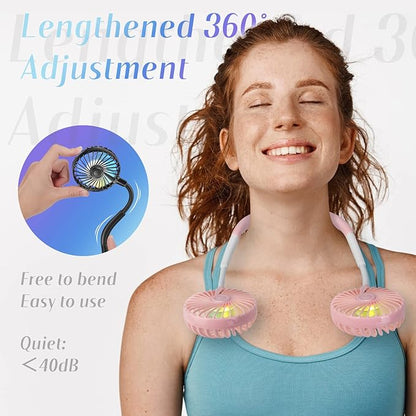 VAGAU Portable Neck Fan with Colorful LED Lights, 360 Rotation, Wearable Air Conditioner for Office Travel Sport, 3 Adjustable Speeds (Pink)