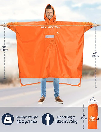 ANYOO Hooded Rain Poncho for Adults Waterproof Lightweight Rain Coat for Men Women Reusable Rain Jacket for Emergency Outdoor