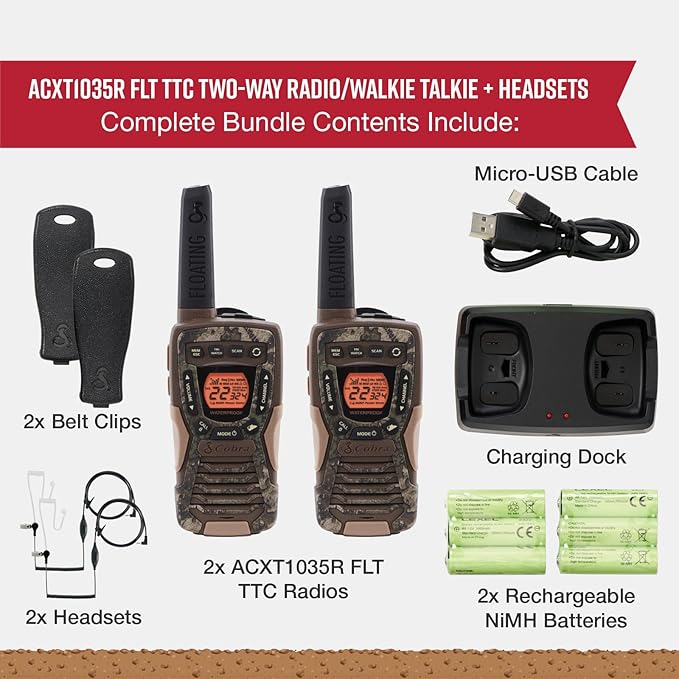 Cobra ACXT1035R FLT TTC Floating and Waterproof Walkie Talkies for Adults with Compatible Cobra Surveillance Headset: Rechargeable, 22 Channels, Long-Range, 2 Two-Way Radios, 2 Headsets