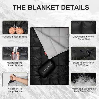 Down Camping Blanket - Lightweight, Packable, Warm & Puffy Outdoor Travel Quilt for Sleep, Hiking, Backpacking, Stadium, Festivals, Water-Resistant Sleeping Bag 55"x79"