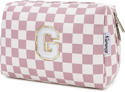 Narwey Birthday Gifts for Teen Girls Kids Women Personalized Initial Checkered Makeup Bag Pink Monogram Cosmetic Bag Trendy Stuff 6 8 10 11 12 13 14 16 18 Years Old Travel Toiletry Bag (Dusty Rose G)