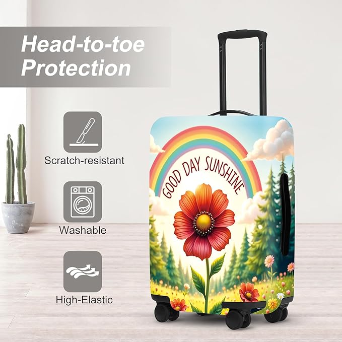Sunshine Rainbow Luggage Cover, Waterproof Summer Travel Protector with Sunflower & Wildflowers, Bright Vacation Suitcase Case