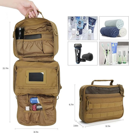 Tactical Toiletry Bag for Men, Travel Hanging Toiletry Bags, Toiletries Organizer Dopp Kit, Travel Cosmetic Bag,Shaving Hygiene Bag, Bathroom Essentials Men's Toiletry Bag for Camping - Khaki