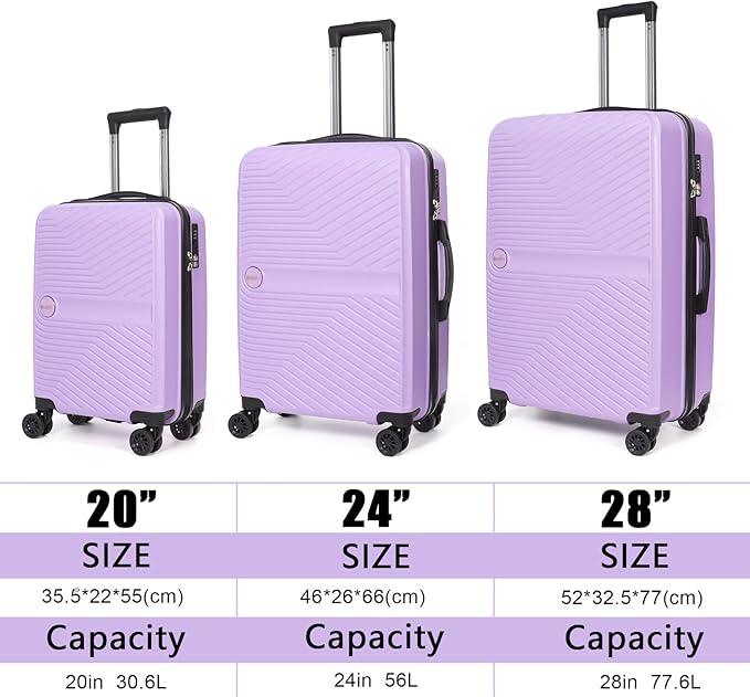 Luggage Set 3 Pieces -Suitcase Set - Carry on Luggage with Wheels - Check-in Luggage - PC + ABS Durable Suitcase Rotating Silent Wheels 3-Piece 20/24/28 Purple