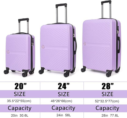Luggage Set 3 Pieces -Suitcase Set - Carry on Luggage with Wheels - Check-in Luggage - PC + ABS Durable Suitcase Rotating Silent Wheels 3-Piece 20/24/28 Purple
