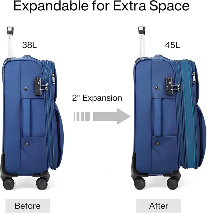 Hanke 3 Piece Luggage Sets Softside Expandable Carry On Luggage Set Travel Suitcase Sets with Spinner Wheels TSA Approved Luggage(Blue, 20in/24in/28in)