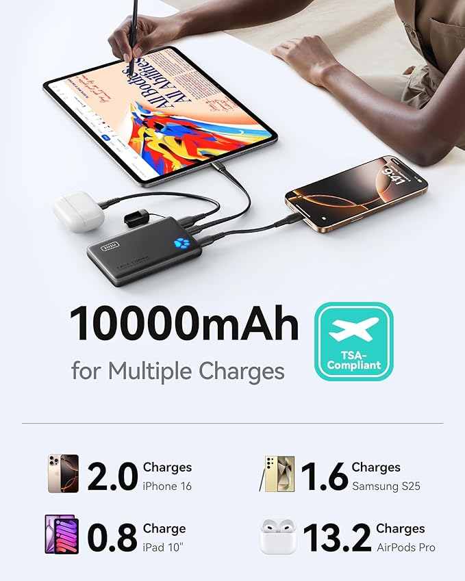 INIU Portable Charger, Ultra Slim 45W Fast Charging with Attached USB C Cable, Flight-Safe 10000mAh PD Power Bank Battery Pack, Travel Essential Phone Powerbank for iPhone 17 16 Samsung S25 Google etc