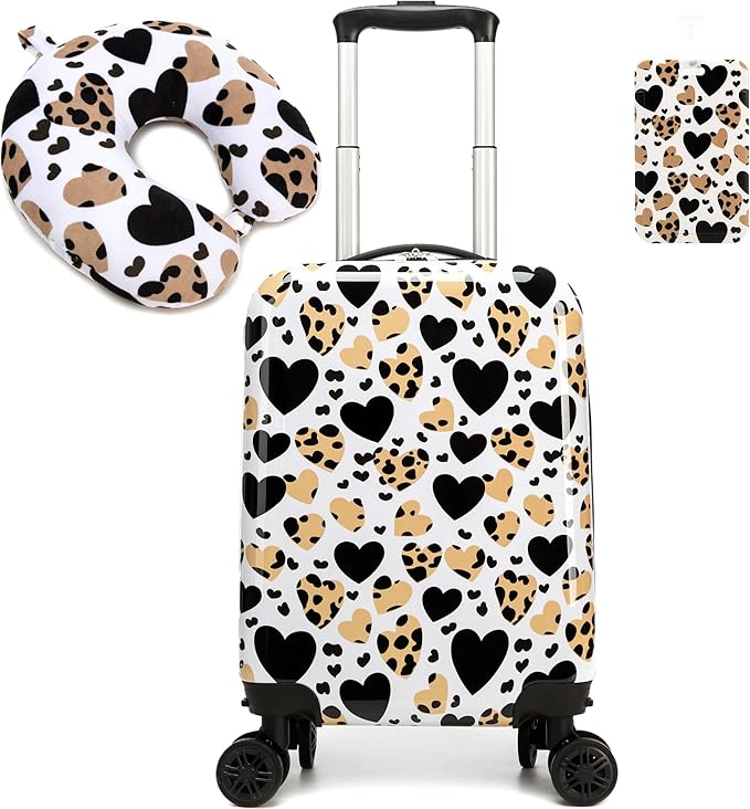 Kid's Luggage Set 2 Piece Suitcase Set Hardside Luggage with Spinner Wheels Girls Carry on Toddler Travel Rolling Suitcase with Neck Pillow Airline Approved