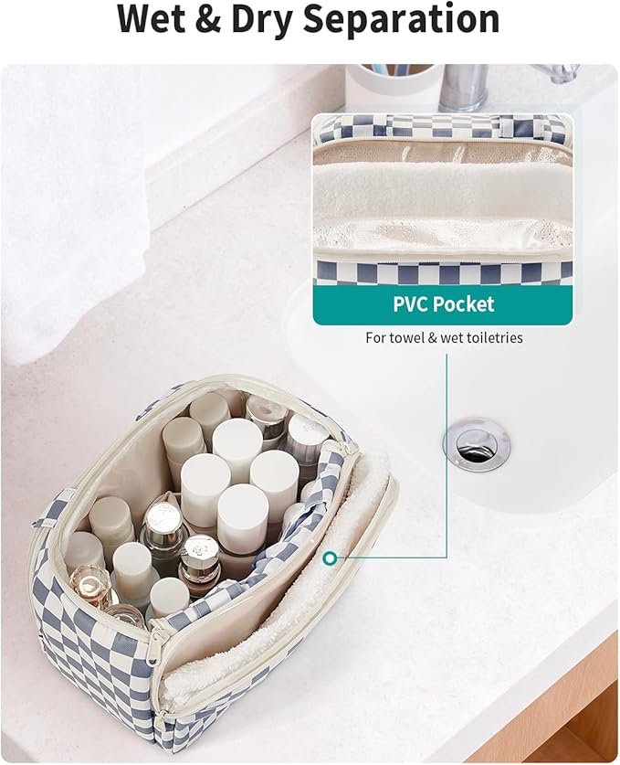 Narwey Large Travel Toiletry Bag, Wide-open Travel Bag for Toiletries, Toiletry Bags for Traveling Women,Cosmetic Make Up Makeup Bag Organizer with Wet Pocket, Skincare Bag (Greyish Blue Checkerboard)