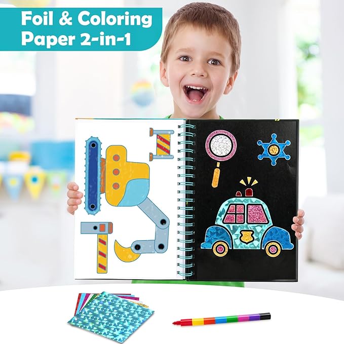 FUNNYB&G Foil Art Craft for Kids - Christmas Crafts Gift Party Favors Stocking Stuffers for Kids Fun Art Supplies Creative Birthday Gift Travel Toys for Girls Boys 4 5 6 7 8 9 Years Old (Vehicle)