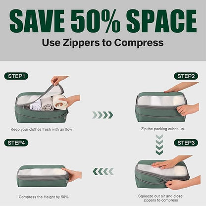 6 Set Compression Packing Cubes for Travel, Bonus Versatile Drawstring Backpack, Lightweight Luggage Organizer Bags, Sturdy Travel Accessories for Suitcase, Dark Green