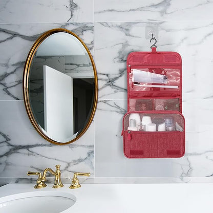 Large Capacity Toiletry Bag Travel Bag with Hanging Hook for Men and Women Waterproof Travel Cosmetic Bag Bathroom Storage Bag for Brushes Set, Full-Sized Shampoo, Toiletries, (Wine Red)