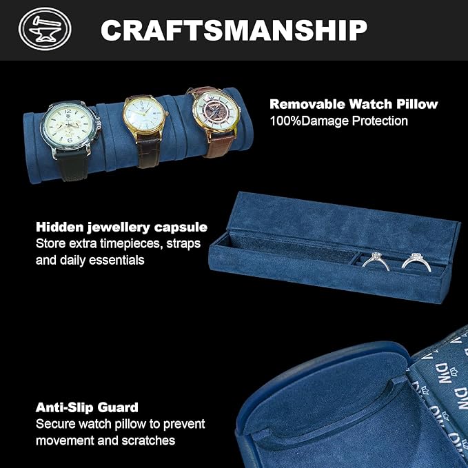 DUKWIN Watch Roll for 3 Watches, Vegan Leather Travel Watch Case Organizer with Removable Pillows for Men and Women,Display Case for Watches Collection and Gift for Anniversary Birthday(Blue Storage)