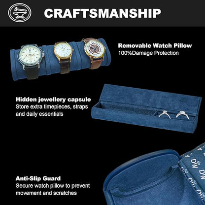 DUKWIN Watch Roll for 3 Watches, Vegan Leather Travel Watch Case Organizer with Removable Pillows for Men and Women,Display Case for Watches Collection and Gift for Anniversary Birthday(Blue Storage)
