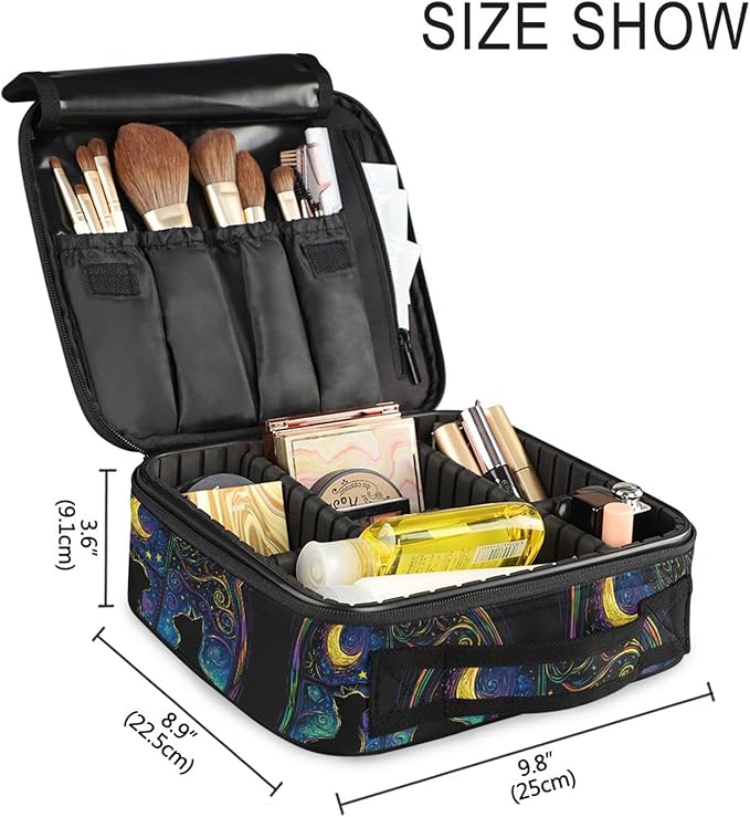 MNSRUU Travel Makeup Bag, Two Black Cats in A Window Women Makeup Case Organizer Cosmetic Toiletry Bag for Teenage Girl with Adjustable Dividers