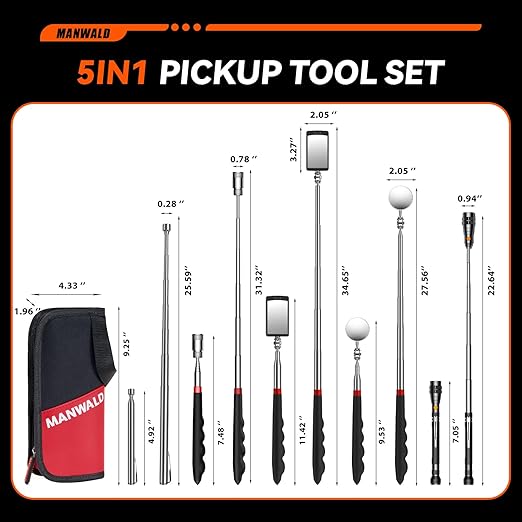Telescoping Magnetic Pickup Tool Set with Portable Bag, Extendable Flashlight with 360° Inspection Mirror, Christmas Stocking Stuffers for Men Adults, Gifts for Men Mechanics, and Handymen, Red