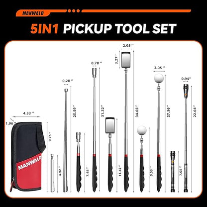 Telescoping Magnetic Pickup Tool Set with Portable Bag, Extendable Flashlight with 360° Inspection Mirror, Christmas Stocking Stuffers for Men Adults, Gifts for Men Mechanics, and Handymen, Red