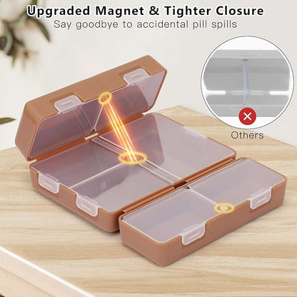 FYY Daily Pill Organizer,2 Pcs 7 Compartments Portable Pill Case Travel Pill Organizer,[Folding Design] Pill Box for Purse Pocket to Hold Vitamins,Cod Liver Oil,Supplements and Medication-Brown