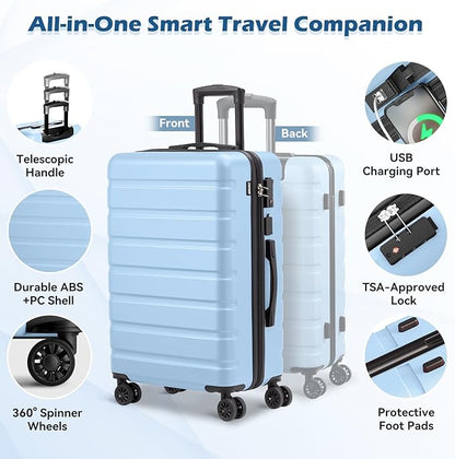 AnyZip Carry On Luggage 21" Hardside PC ABS Lightweight USB Suitcase with Wheels TSA Lock for kids Light Blue