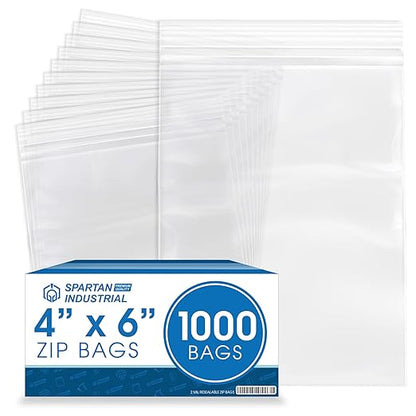 Spartan Industrial - 4” X 6” (1000 Count) 2 Mil Clear Reclosable Zip Plastic Poly Bags with Resealable Lock Seal Zipper
