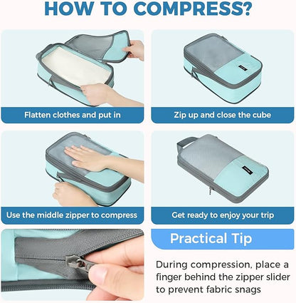 BAGAIL 6 Set Lightweight Compression Packing Cubes with Packing List, Anti-Tearing Expandable Organizer Bags for Travel, Dusty Blue