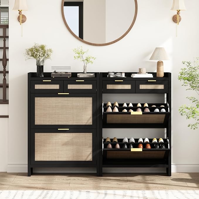 Rattan Shoe Storage Cabinet with 2 Drawers & 2 Flip Drawers – Hidden Slim Shoe Organizer for Entryway, Large Tabletop Space, Farmhouse Boho Narrow Shoe Rack, Rustic Black