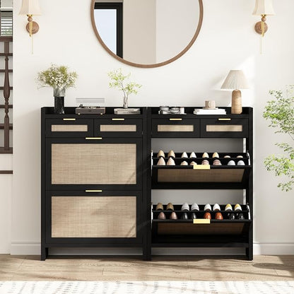 Rattan Shoe Storage Cabinet with 2 Drawers & 2 Flip Drawers – Hidden Slim Shoe Organizer for Entryway, Large Tabletop Space, Farmhouse Boho Narrow Shoe Rack, Rustic Black