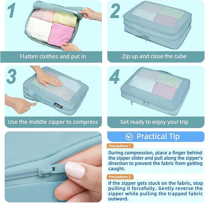 BAGAIL 4 Set/6 Set/8 Set Compression Packing Cubes Travel Accessories Expandable Packing Organizers (Square Mesh, 06-Dusty Blue)