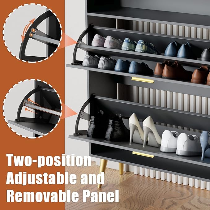 JOZZBY Shoe Cabinet for Entryway, Narrow Shoe Storage Cabinet with 2 Flip Drawers, Freestanding Hidden Shoe Rack Storage with Open Shelves for Hallway, Living Room, Set of 2, Black