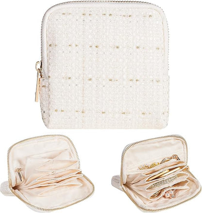 Women Travel Jewelry Case: Soft Bag with 5 Pouches for Ring Earring Necklace - Christmas and Birthday Gifts Choice (White)