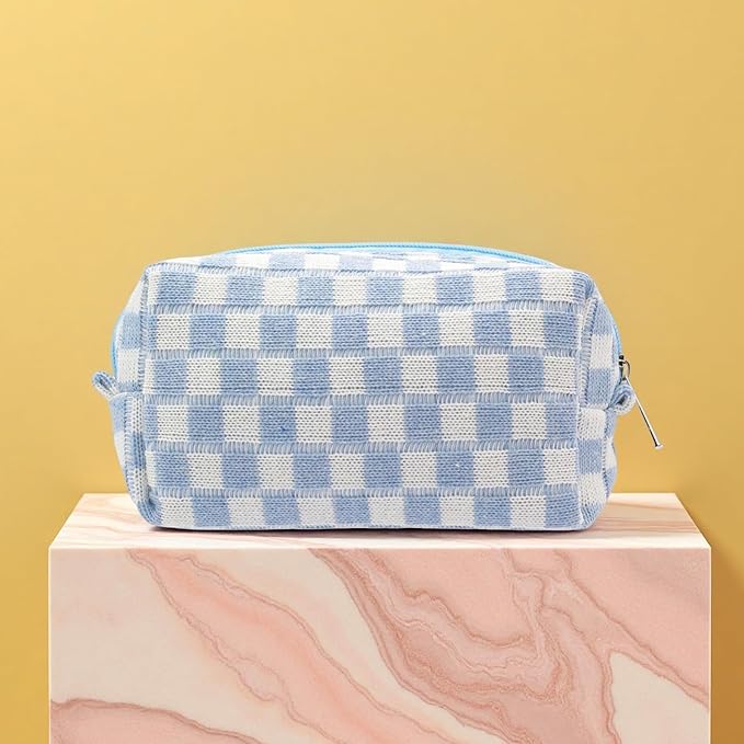 48 PACK Checkered Makeup Bag- Bulk Bridesmaid Proposal Gifts Makeup Pouch for Wedding Party Favors Bachelorette Party Decorations Toiletry Organizer Bag Cosmetic Case Gift (Blue)