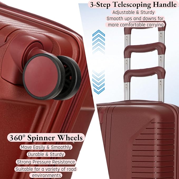 3-Piece PP Hard Shell Spinner Luggage Set (20" 24" 28") with Combination Lock, Adjustable Pull Rod Suitcases, Red