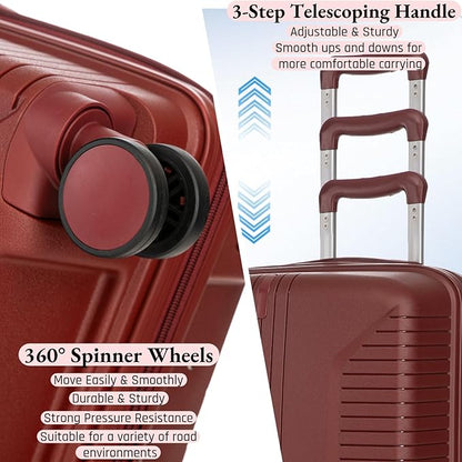 3-Piece PP Hard Shell Spinner Luggage Set (20" 24" 28") with Combination Lock, Adjustable Pull Rod Suitcases, Red