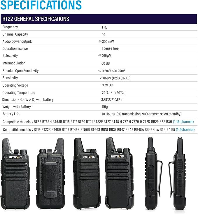 Retevis RT22 Walkie Talkies Rechargeable Hands Free 2 Way Radios Two-Way Radio(6 Pack) with 6 Way Multi Gang Charger