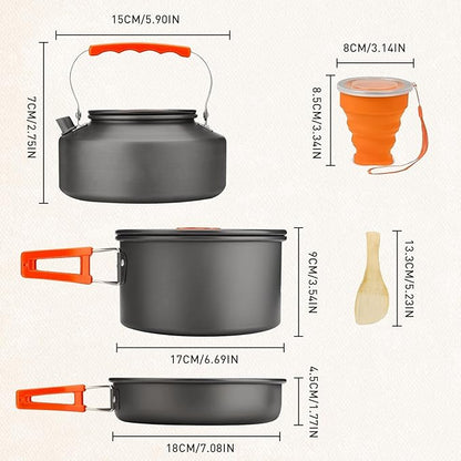 Camping Cookware Camping Cooking Set, Non-Stick Pots and Pans with Kettle, 2 Stainless Steel Plates, 2 Water Cups, 2 Sets of Knives and Forks, Spatula, Dish Towel, Backpack Storage Bag