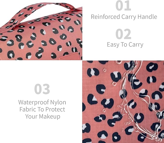 Large Capacity Toiletry Bag Travel Bag with Hanging Hook for Men and Women Waterproof Travel Cosmetic Bag Bathroom Storage Bag for Brushes Set,Full-Sized Shampoo,Accessories-Pink Leopard