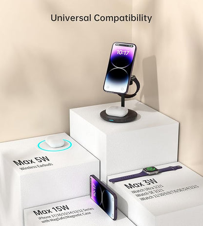 XooFly 3 in 1 Wireless Charging Station for Apple Devices, Fast Wireless Mag-Safe Charger Stand with 20W Adapter for iPhone 17/16 15 14 13 12 Pro Max/Pro/Plus/Air/Mini,iWatch,AirPods(Black Wood Grain)