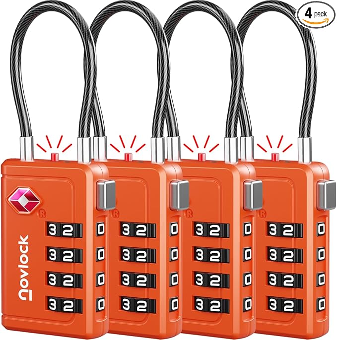 TSA Approved Luggage Locks | Inspection Indicator, 4-Digit Combination, Durable Zinc Alloy | for Suitcases, Backpacks, Travel Bags | Orange, 4-Pack