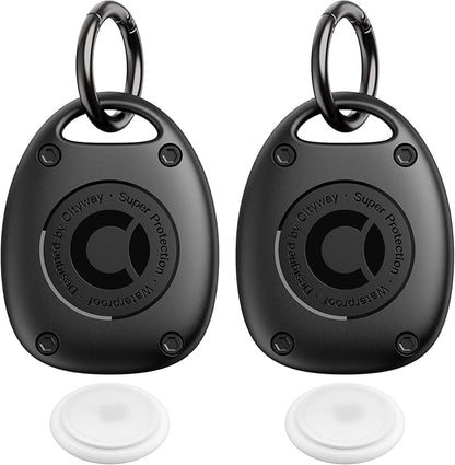 (2 Pack) for AirTag Keychain Holder Case | IPX8 Waterproof, Ultra-Compact | Portable for Air Tag Holder Cover for Dog Collar, Backpack, Keys, Luggage - Black