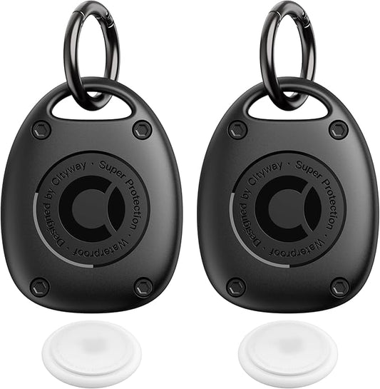 (2 Pack) for AirTag Keychain Holder Case | IPX8 Waterproof, Ultra-Compact | Portable for Air Tag Holder Cover for Dog Collar, Backpack, Keys, Luggage - Black