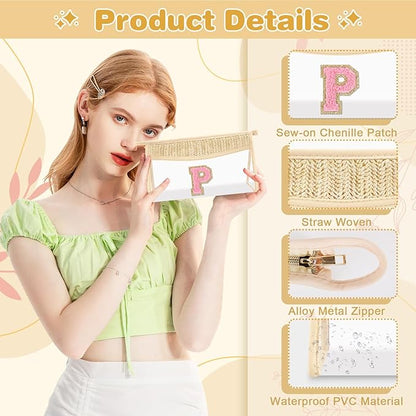 Small Boho Straw Initial Letter Makeup Bag Personalized Gift ,Cute Clear Chenille Patch Makeup Bag With Zipper,Trendy TSA Approved Travel Toiletry Bag,Gift for Women Girls Birthday Friend, Letter P