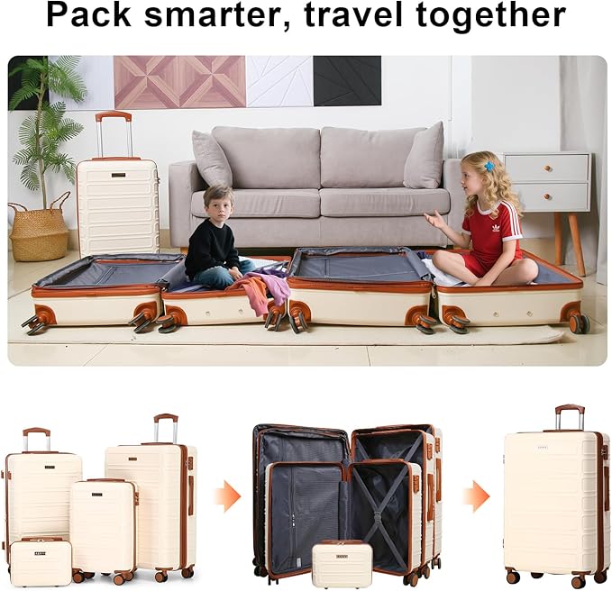 4 Piece Luggage Set Expandable ABS Travel Suitcase Set TSA Lock Hardshell Durable Lightweight Traveling Luggage Sets Gift for Back to School (OFF White, 28in26in20in13in)