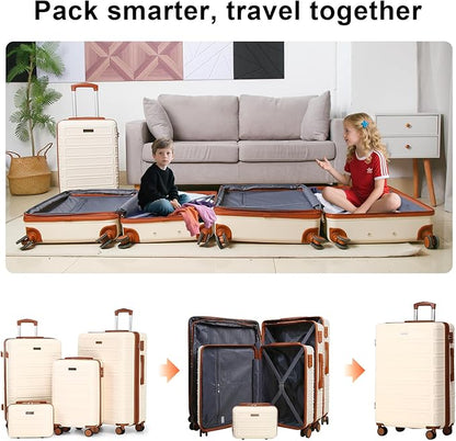 4 Piece Luggage Set Expandable ABS Travel Suitcase Set TSA Lock Hardshell Durable Lightweight Traveling Luggage Sets Gift for Back to School (OFF White, 28in26in20in13in)