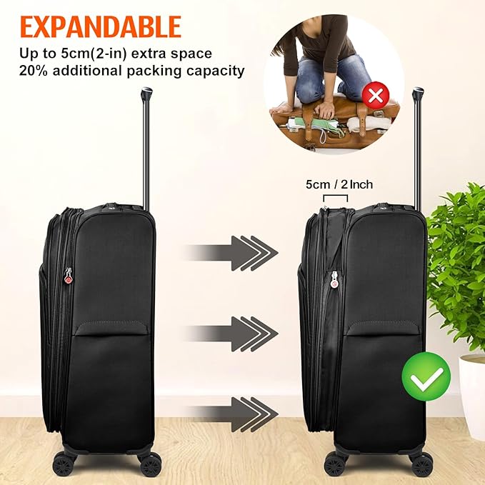 Verdi Luggage 2 Piece Set Suitcase Spinner Wheels Softshell Expandable, Carry On Luggage with USB Port (Black, 2-Piece set(20/24))